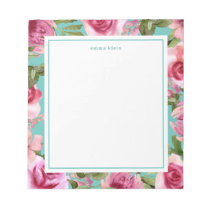 Girly Rosa Watercolor Flowers Blue Namn Anteckningsblock