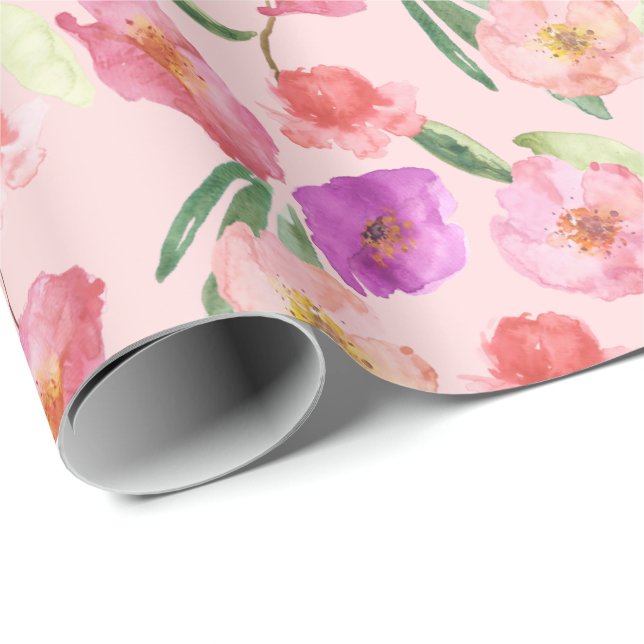 Girly  Rosa Watercolor Flowers Presentpapper (Rullad Hörn)