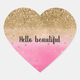 Girly Rosa Watercolor Guld Glitter Glitz Confetti Hjärtformat Klistermärke