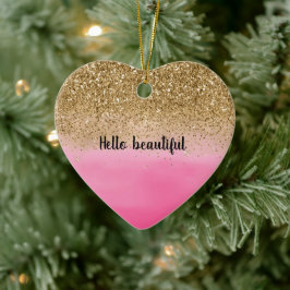 Girly Rosa Watercolor Guld Glitter Glitz Confetti Julgransprydnad Keramik