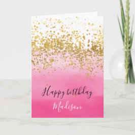 Girly Rosa Watercolor Ombre Guld Confetti Kort