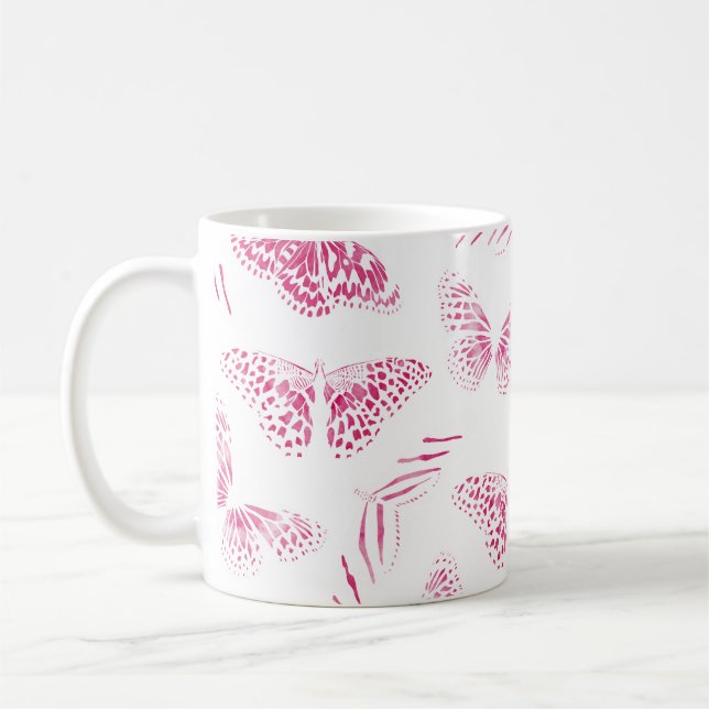 Girly Rosa White Butterflies Watercolor Mönster Kaffemugg (Vänster)