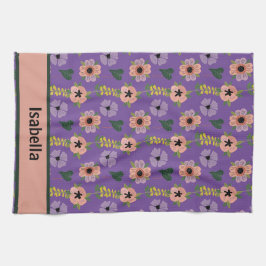 Girly Rosa White Flowers Botanical Mönster Namn Kökshandduk