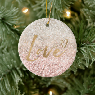 Girly Rosa White Guld Glitz Glitter Kärlek Julgransprydnad Keramik