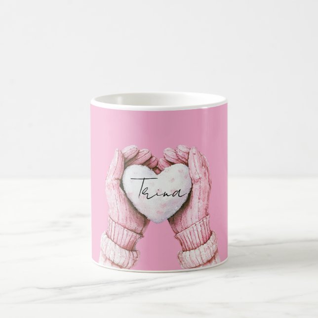 Girly Rosa Winter-handskar White Heart Kaffemugg (Center)