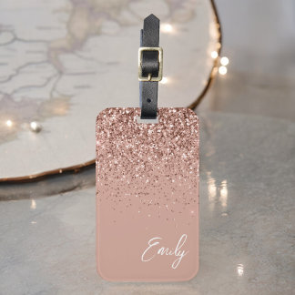 Girly Roséguld - Rosa Glitter Monogram Bagagebricka