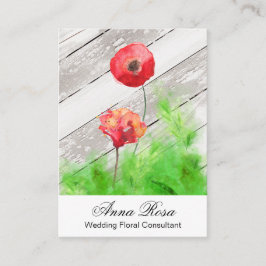 *~* Girly Rustic Red Poppy Flowers Vintage Wood Visitkort