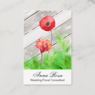*~* Girly Rustic Red Poppy Flowers Vintage Wood Visitkort