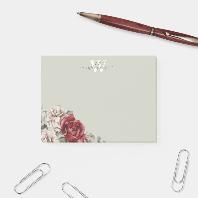 Girly Rustic Ro Monogram Blommigt Post-it Notes Block (Skapare uppladdad)