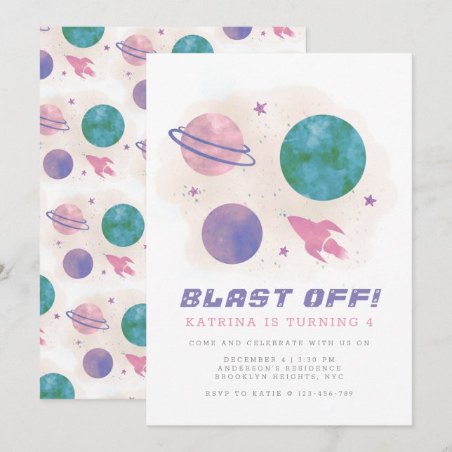Girly Rymden Galaxy Planet 4e födelsedagen Inbjudningar (Fram/baksida)