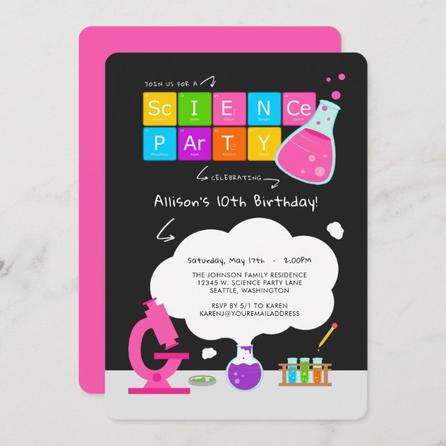 Girly Science Party-inbjudan Inbjudningar (Fram/baksida)