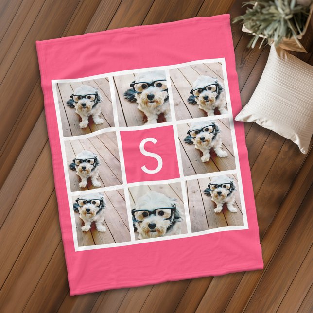 Girly Shock rosa 8 Photo Collage White Monogram Fleecefilt (Personalized fleece blanket with 8 photos and a monogram)