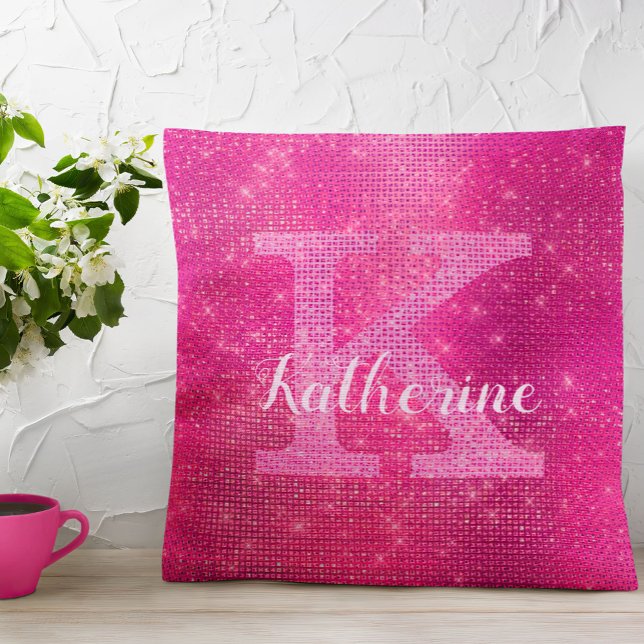 Girly Shock rosa Glam Gnistra Monogram Namn Kudde (Skapare uppladdad)