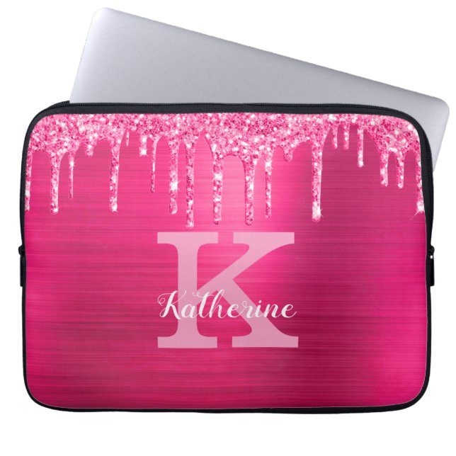 Girly Shock rosa Glitter Drips Chic Monogram Namn Laptop Fodral (Framsidan)