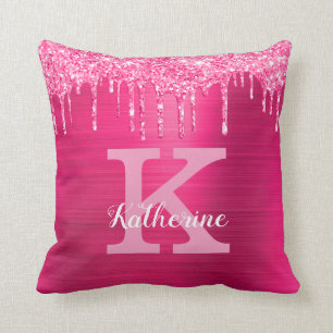 Girly Shock rosa Glitter Drips Glam Monogram Namn Kudde