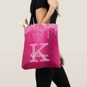 Girly Shock rosa Glitter Drips Glam Monogram Namn Tygkasse