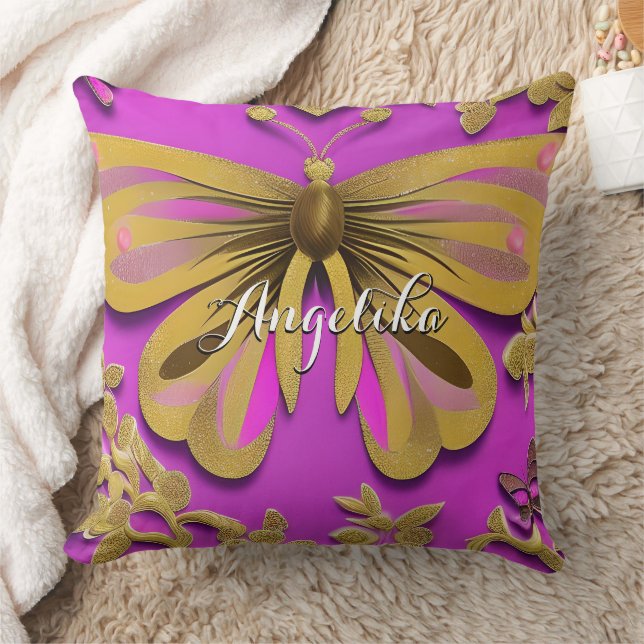 Girly Shock rosa Guld Butterfly Personlig Namn Kudde (Filt)