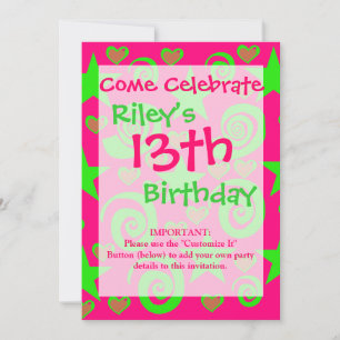 Girly Shock rosa Lime Green Stars Hearts Swirls Gi Inbjudningar