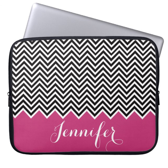 GIRLY SHOCK ROSA svart vit Chevron-Anpassningsbar Laptop Sleeve (Framsidan)