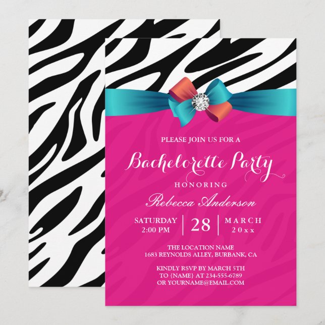 Girly Shock rosa Zebra tryck Bachelorette Party Inbjudningar (Fram/baksida)