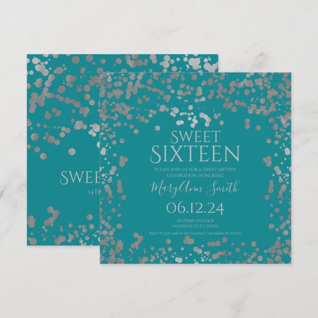 Girly Silver Foil Confetti Sweet 16 Inbjudan Teal  (Fram/baksida)