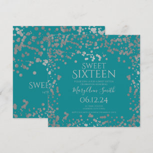 Girly Silver Foil Confetti Sweet 16 Inbjudan Teal