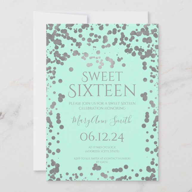 Girly Silver Foil Confetti Sweet sixteen Mint Inbjudningar (Framsida)
