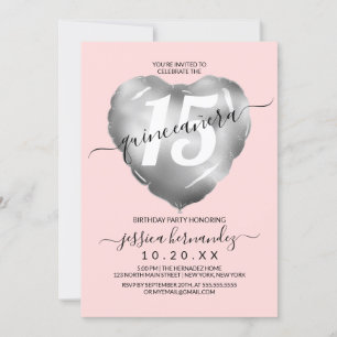 Girly Silver Foil Heart Balloon Quinceañera Inbjudningar