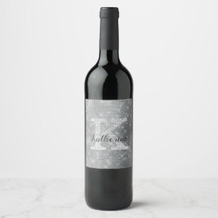 Girly Silver Glitter Gnistra Glam Monogram Namn Vinflaska Etikett