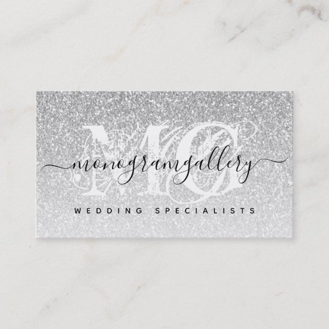 Girly Silver Glitter Luxe Glam Monogram Visitkort (Framsida)