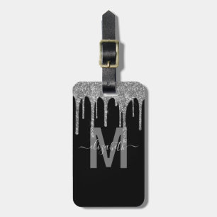Girly Silver - Glitter Monogram Namn Bagagebricka
