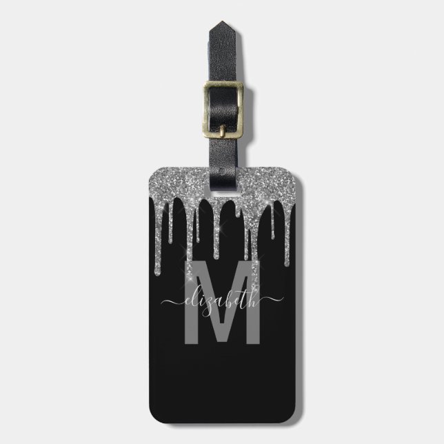 Girly Silver - Glitter Monogram Namn Bagagebricka (Vertikal Framsida)