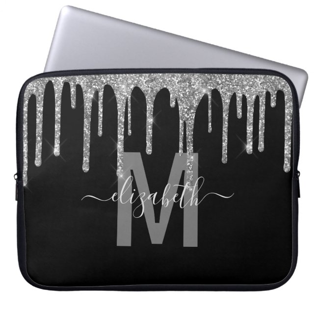 Girly Silver - Glitter Monogram Namn Laptop Fodral (Framsidan)