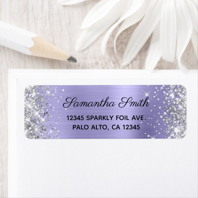 Girly Silver Glitter Pale Purple Foil Returadress Etikett (Insitu)