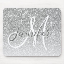 Girly Silver Glitter Sparkles Grått Monogram Namn Musmatta