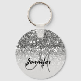Girly Silver Glitter Sparkles Monogram Namn Nyckelring