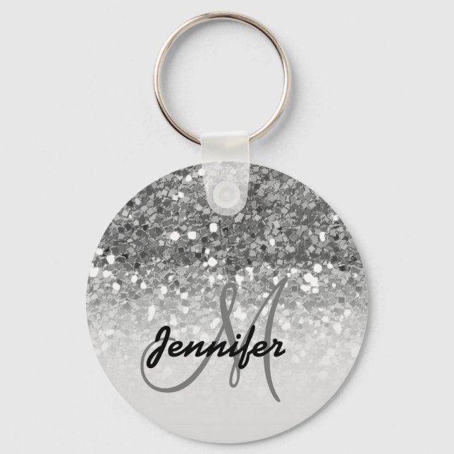 Girly Silver Glitter Sparkles Monogram Namn Nyckelring (Framsida)