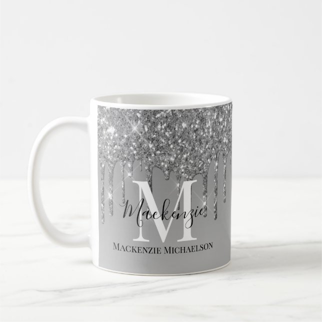 Girly Silver Grått Glitter Monogram Namn Kaffemugg (Vänster)