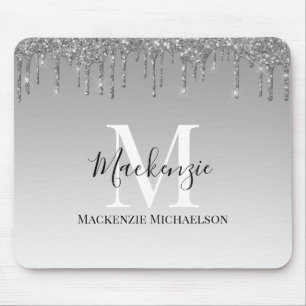 Girly Silver Grått Glitter Monogram Namn Musmatta