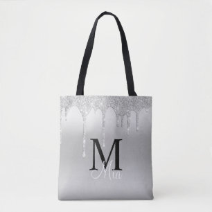 Girly Silver Grått Gnistra Glitter Monogram Tote B Tygkasse