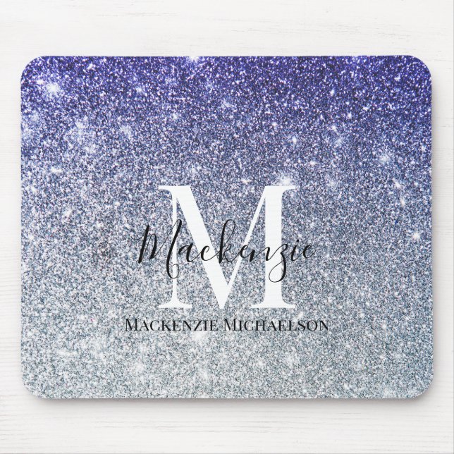 Girly Silver Lila Ombre Glitter Monogram Namn Musmatta (Framsidan)