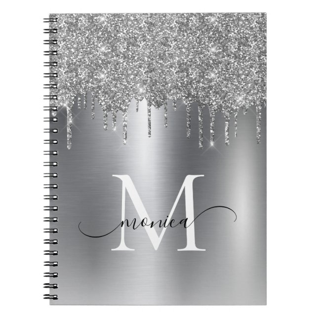 Girly Silver Metall Glitter Ombre Monogram Anteckningsbok (Framsidan)
