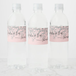 Girly Silver och Rosa Monogram Gnistra Vattenflaskor Etikett