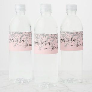 Girly Silver och Rosa Monogram Gnistra Vattenflaskor Etikett