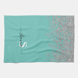 Girly Silver och Teal Monogram Aqua Gnistra Kökshandduk