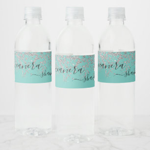 Girly Silver och Teal Monogram Aqua Gnistra Vattenflaskor Etikett