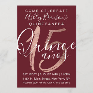 Girly Simple Burgundy Ro Gold Foil Quinceañera Inbjudningar