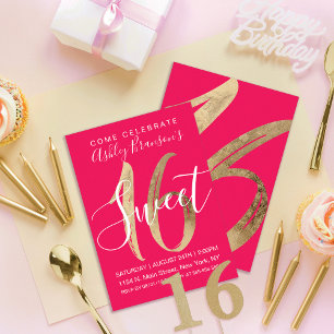 Girly Simple Gold Foil Neon Rosa Sweet 16 Inbjudningar