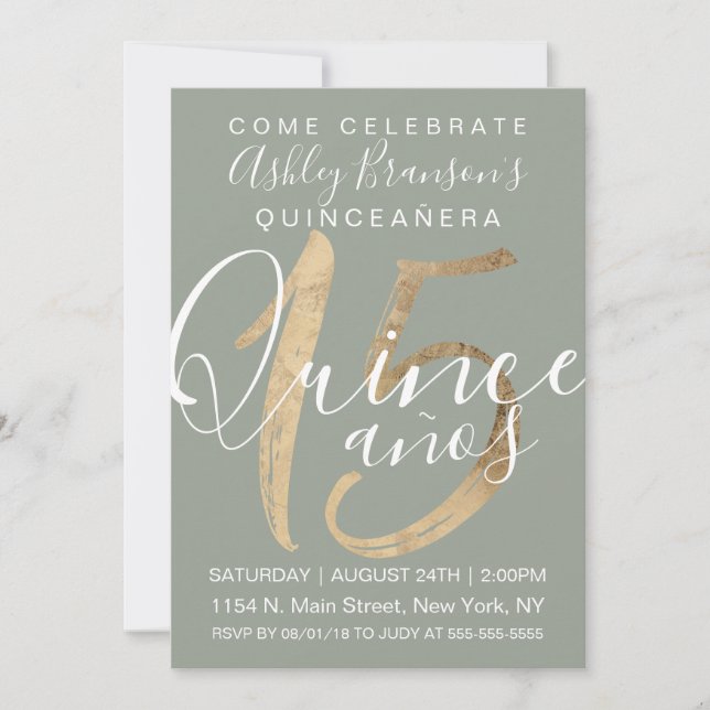 Girly Simple Sage Grönt Gold Foil Quinceañera Inbjudningar (Framsida)
