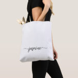 Girly Simple White Personlig Monogram Namn Tygkasse<br><div class="desc">Elegant Modern Minimalist Clean White Feminine Girly Monogram Namn Namnteckning Personlig Tote Bag för skriptAnpassningsbar. Den här designen som innehåller ditt första namn i ett söt-handskrivet stil-dekortecken i svan namnteckning typografi (eller kalligrafi) i svart färg på vit bakgrund. Underbar femininin gåva till födelsedag, jul, bröllop, söt 16 födelsedagsfester, möhippa, bachelorettfest...</div>